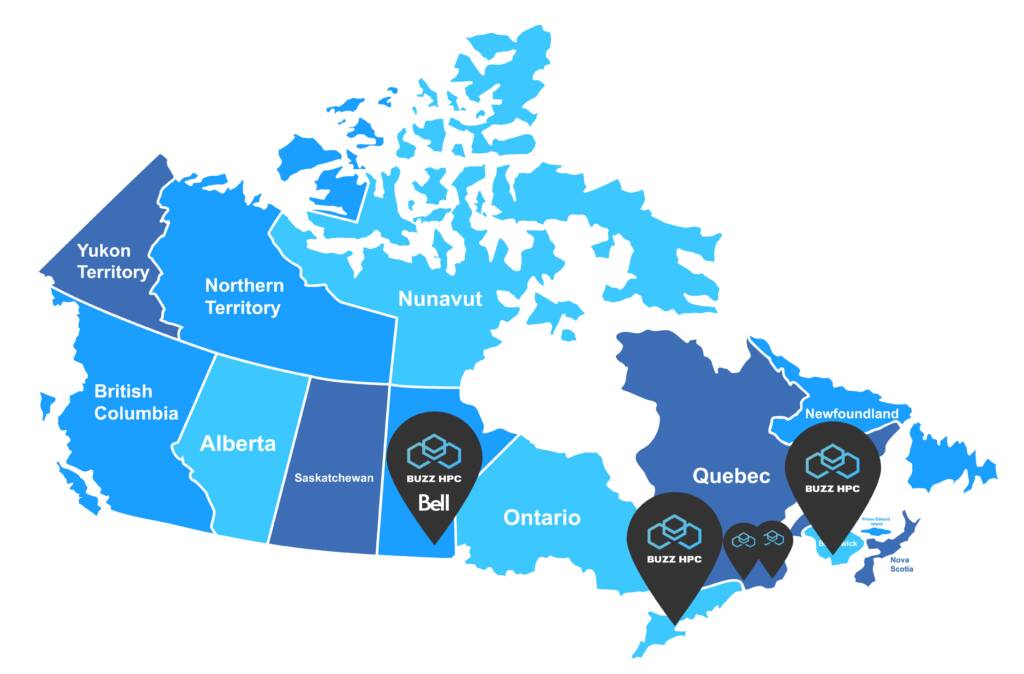 Figure 2: Geographical location of BUZZ HPC's growing Canadian footprint