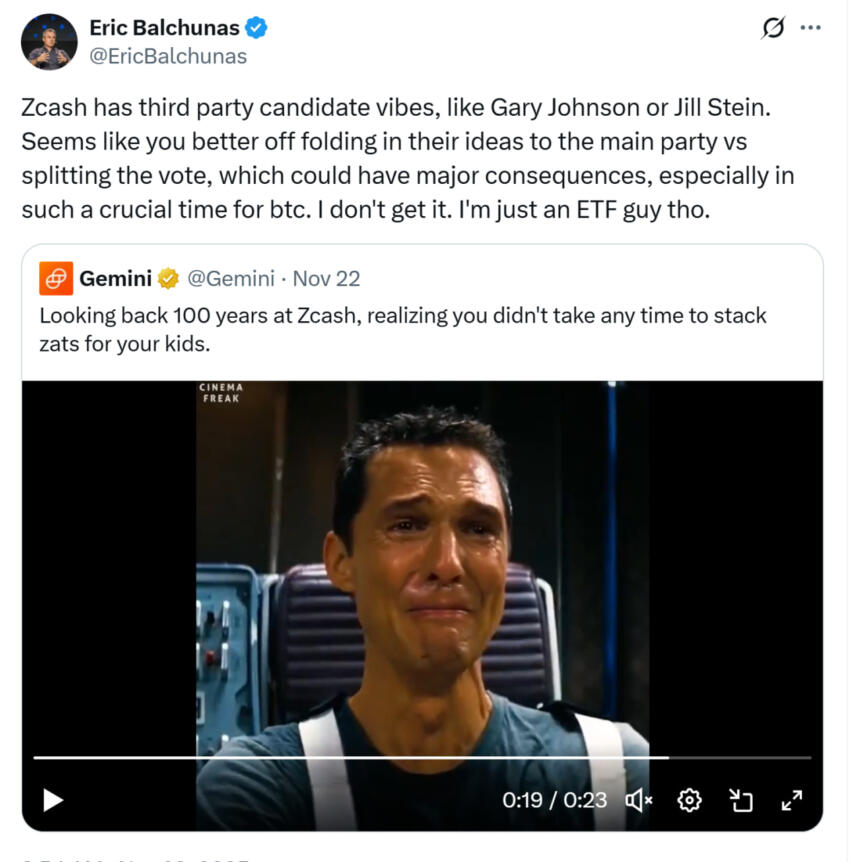 Eric Balchunas comments on Zcash,