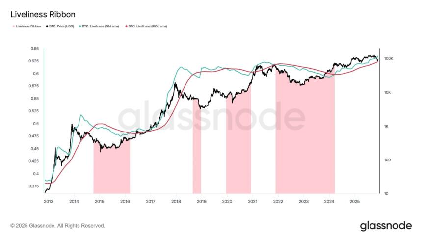 Bitcoin liveliness has reached a new peak. Source: Glassnode