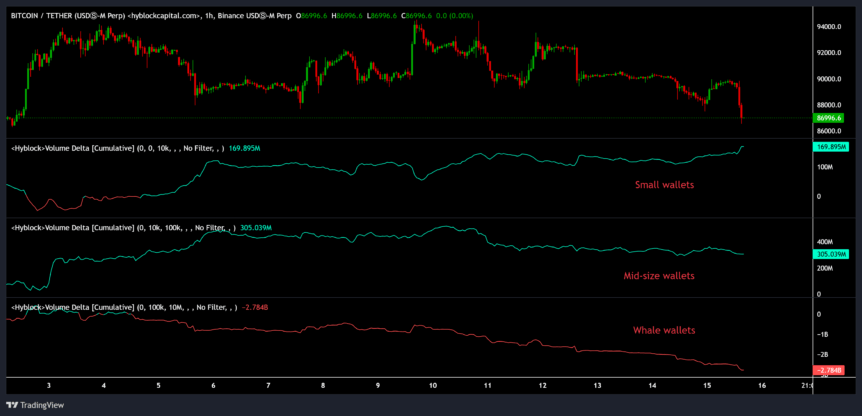 Bitcoin price and volume delta between wallet sizes