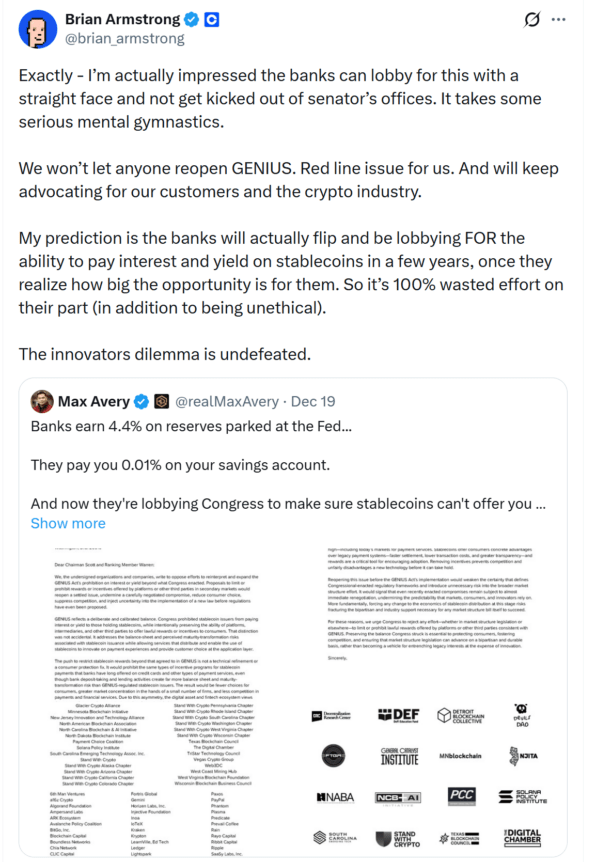 Coinbase CEO warning against reopening the GENIUS Act