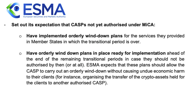 ESMA statement on MiCA transitional measures