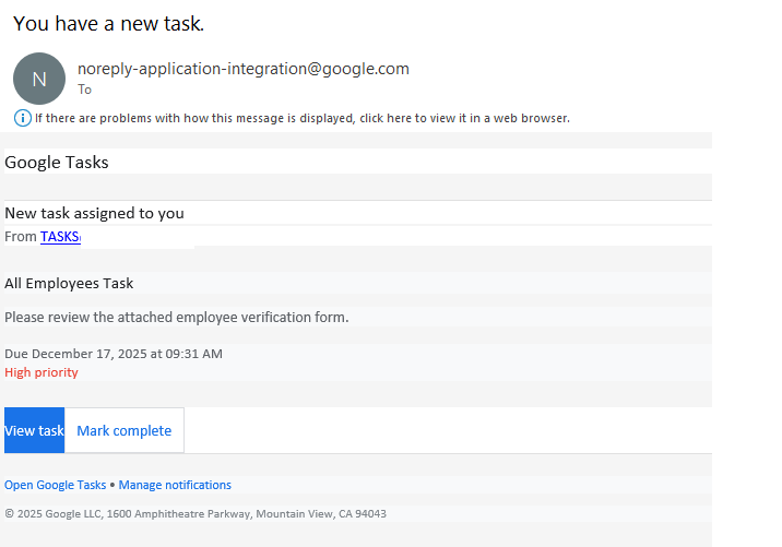 An email sent by the attackers via Google Tasks An email sent by the attackers via Google Tasks