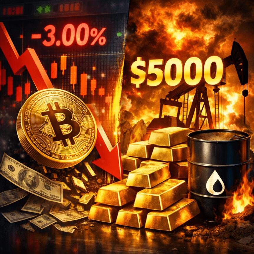 Bitcoin Slides 3% As Assets Rout; Gold Smashes To $5k On Oil Fears