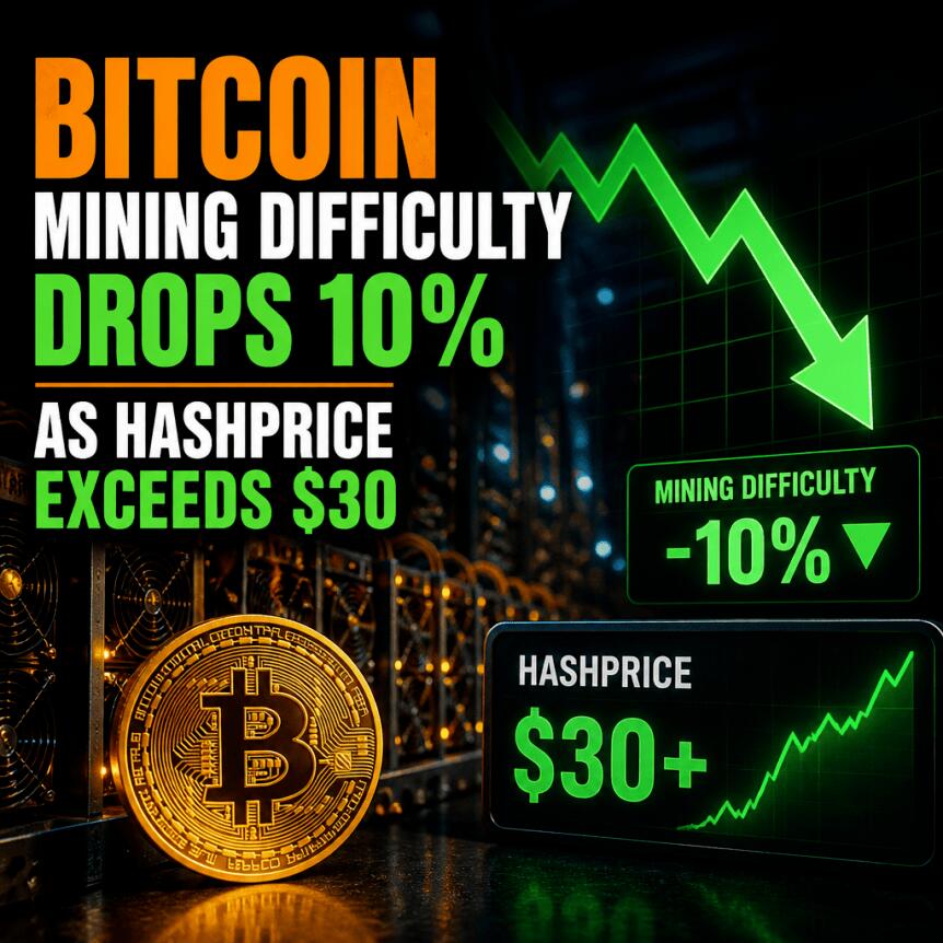 Bitcoin Mining Difficulty Drops 10% As Hashprice Exceeds $30