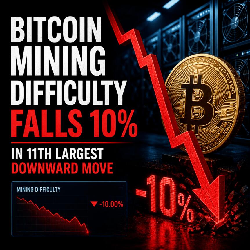 Bitcoin Mining Difficulty Falls 10% In 11th Largest Downward Move