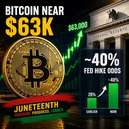 Bitcoin Near $63k As Juneteenth Lift Coincides With ~40% Fed Hike Odds