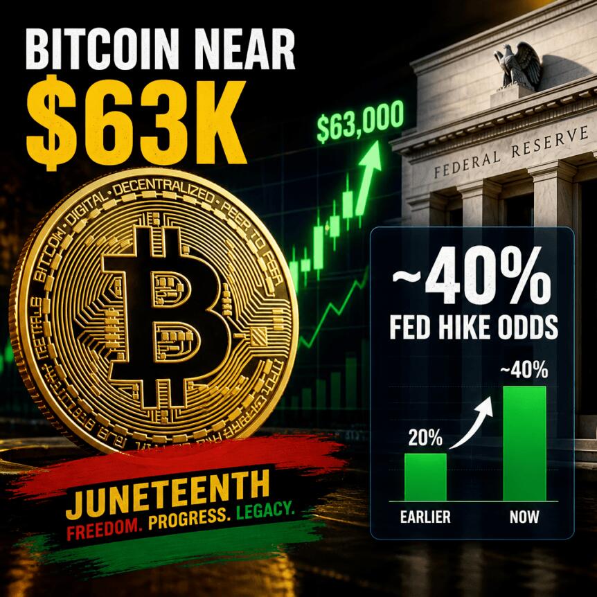 Bitcoin Near $63k As Juneteenth Lift Coincides With ~40% Fed Hike Odds