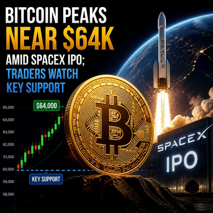 Bitcoin Peaks Near $64K Amid SpaceX IPO; Traders Watch Key Support Bitcoin Peaks Near $64k Amid Spacex Ipo; Traders Watch Key Support