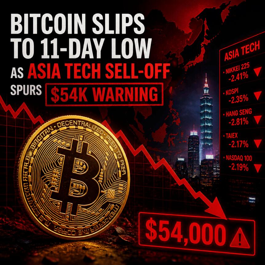 Bitcoin Slips to 11-Day Low as Asia Tech Sell-Off Spurs $54K Warning Bitcoin Slips To 11-Day Low As Asia Tech Sell-Off Spurs $54k Warning