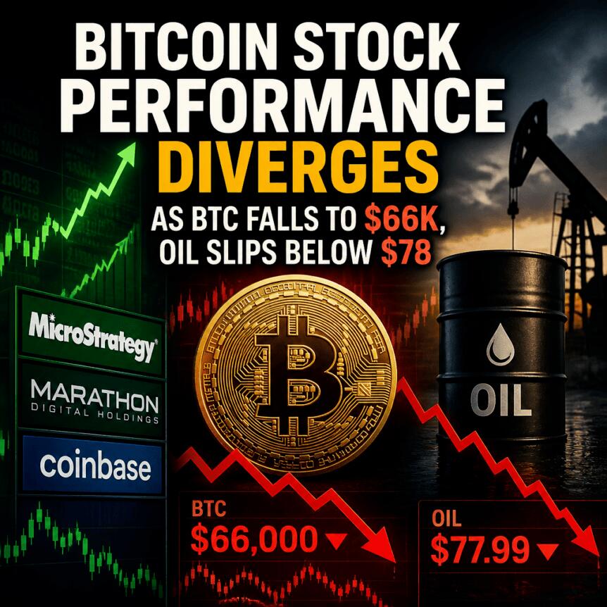 Bitcoin Stock Performance Diverges As Btc Falls To $66k, Oil Slips Below $78