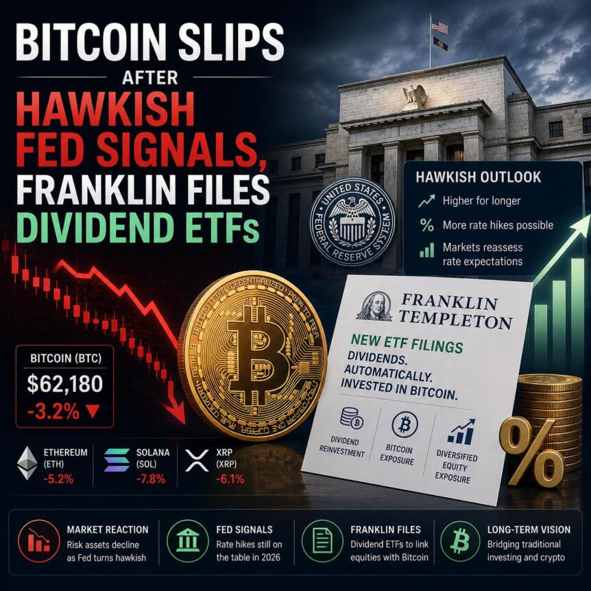 Bitcoin slips after hawkish Fed signals, Franklin files dividend ETFs Bitcoin Slips After Hawkish Fed Signals, Franklin Files Dividend Etfs