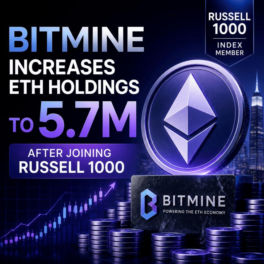 Bitmine Increases ETH Holdings to 5.7M After Joining Russell 1000