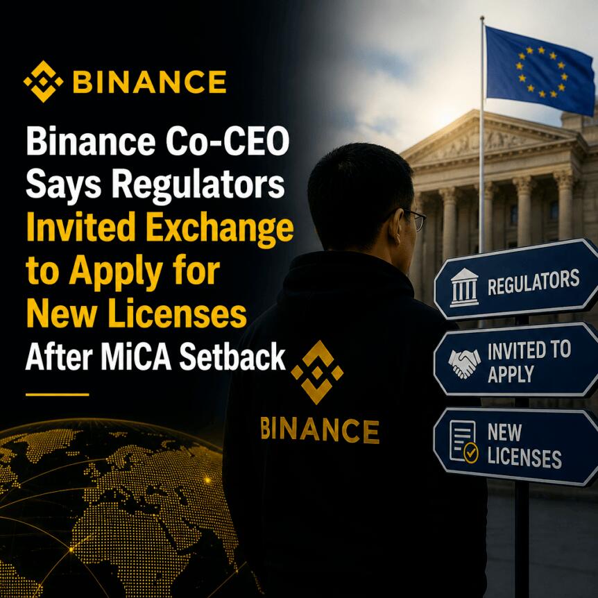 Binance Co-CEO Says Regulators Invited Exchange to Apply for New Licenses After MiCA Setback Binance Co-Ceo Says Regulators Invited Exchange To Apply For New Licenses After Mica Setback