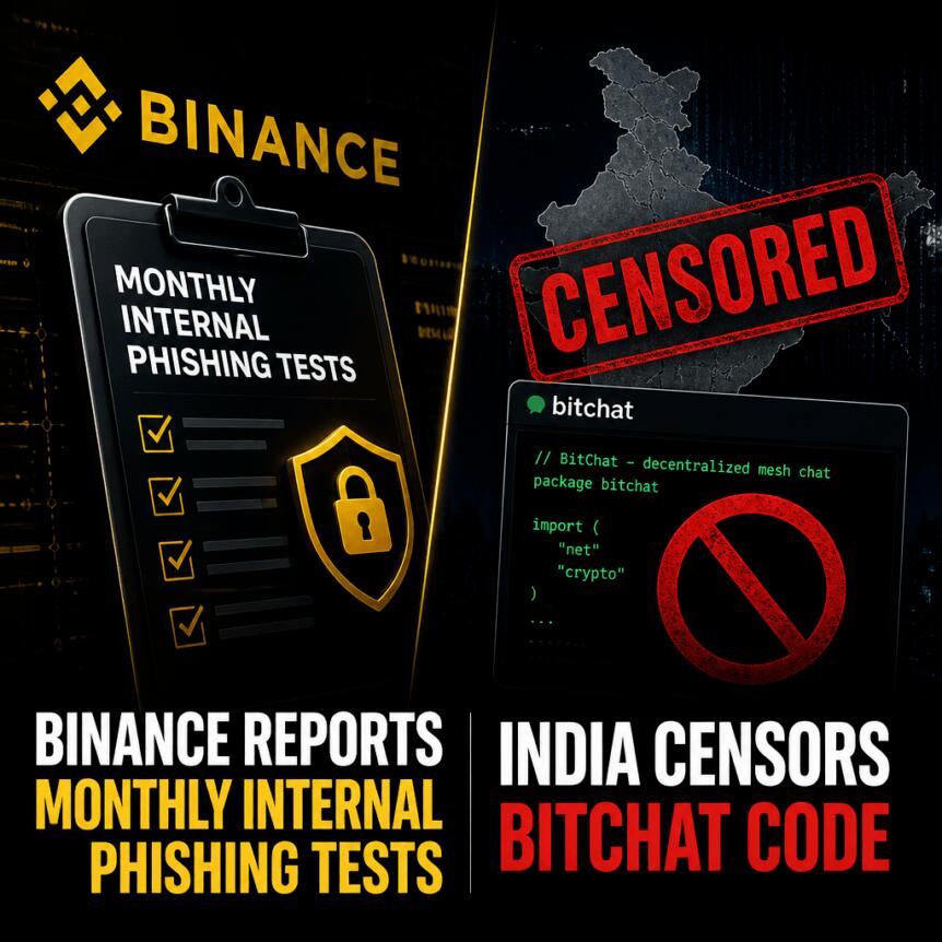 Binance Reports Monthly Internal Phishing Tests; India Censors BitChat Code