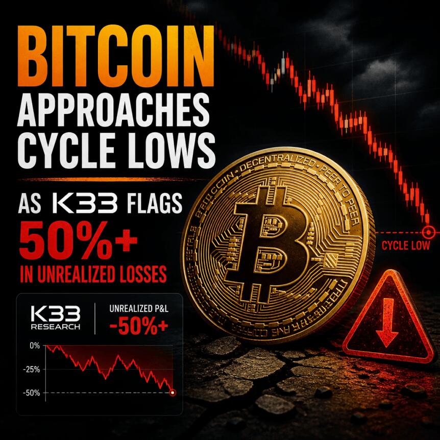 Bitcoin Approaches Cycle Lows As K33 Flags 50%+ In Unrealized Losses