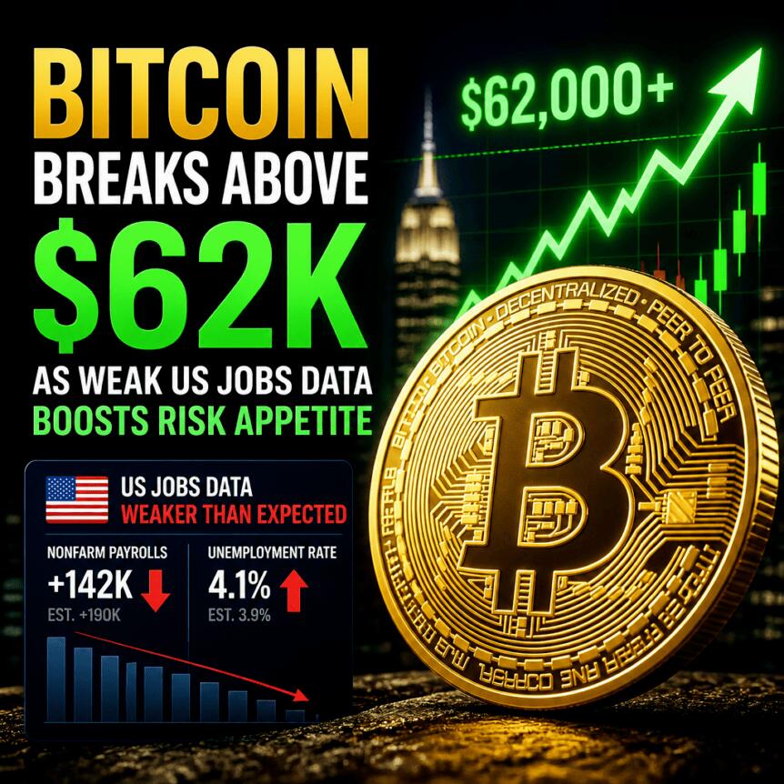 Bitcoin Breaks Above $62K as Weak US Jobs Data Boosts Risk Appetite Bitcoin Breaks Above $62k As Weak Us Jobs Data Boosts Risk Appetite