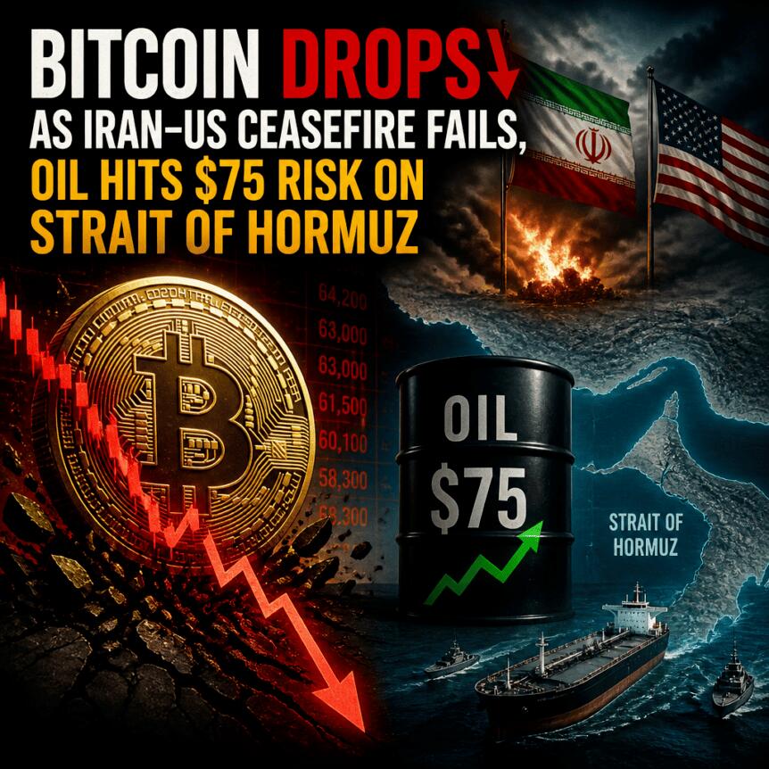 Bitcoin Drops as Iran–US Ceasefire Fails, Oil Hits $75 Risk on Strait of Hormuz Bitcoin Drops As Iran–us Ceasefire Fails, Oil Hits $75 Risk On Strait Of Hormuz