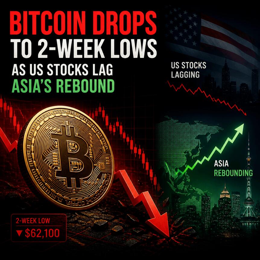 Bitcoin Drops to 2-Week Lows as US Stocks Lag Asia’s Rebound Bitcoin Drops To 2-Week Lows As Us Stocks Lag Asia’s Rebound