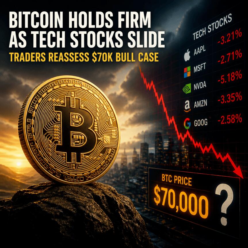 Bitcoin Holds Firm as Tech Stocks Slide; Traders Reassess $70K Bull Case Bitcoin Holds Firm As Tech Stocks Slide; Traders Reassess $70k Bull Case