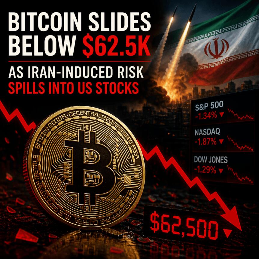 Bitcoin Slides Below $62.5k As Iran-Induced Risk Spills Into Us Stocks