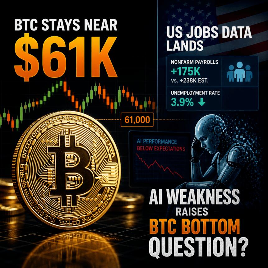 Bitcoin Stays Near $61K as US Jobs Data Lands; AI Weakness Raises BTC Bottom Question Bitcoin Stays Near $61k As Us Jobs Data Lands; Ai Weakness Raises Btc Bottom Question