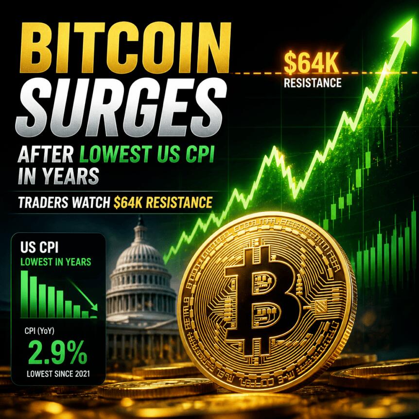 Bitcoin Surges After Lowest US CPI in Years, Traders Watch $64K Resistance Bitcoin Surges After Lowest Us Cpi In Years, Traders Watch $64k Resistance