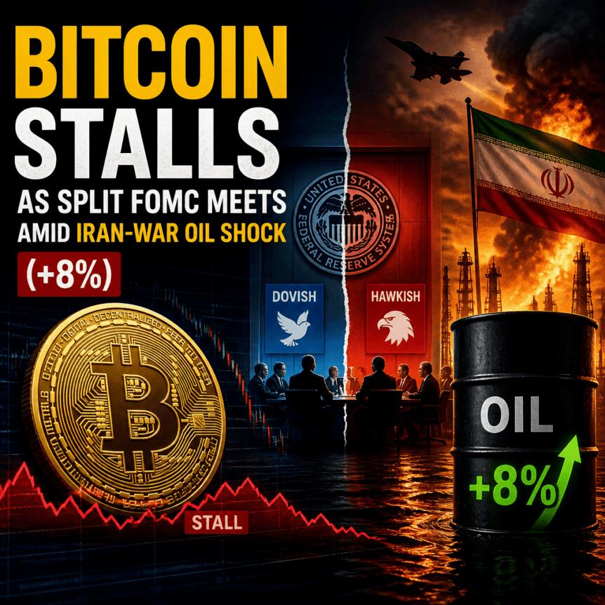 Bitcoin stalls as split FOMC meets amid Iran-war oil shock (+8%) Bitcoin Stalls As Split Fomc Meets Amid Iran-War Oil Shock (+8%)