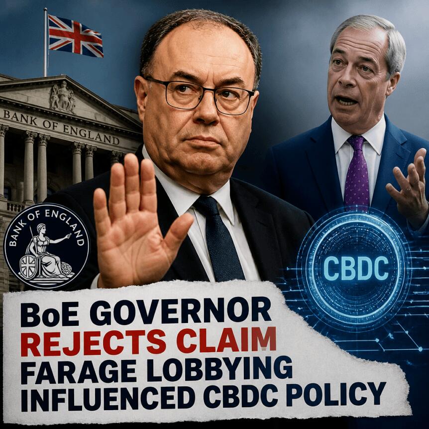 Boe Governor Rejects Claim Farage Lobbying Influenced Cbdc Policy