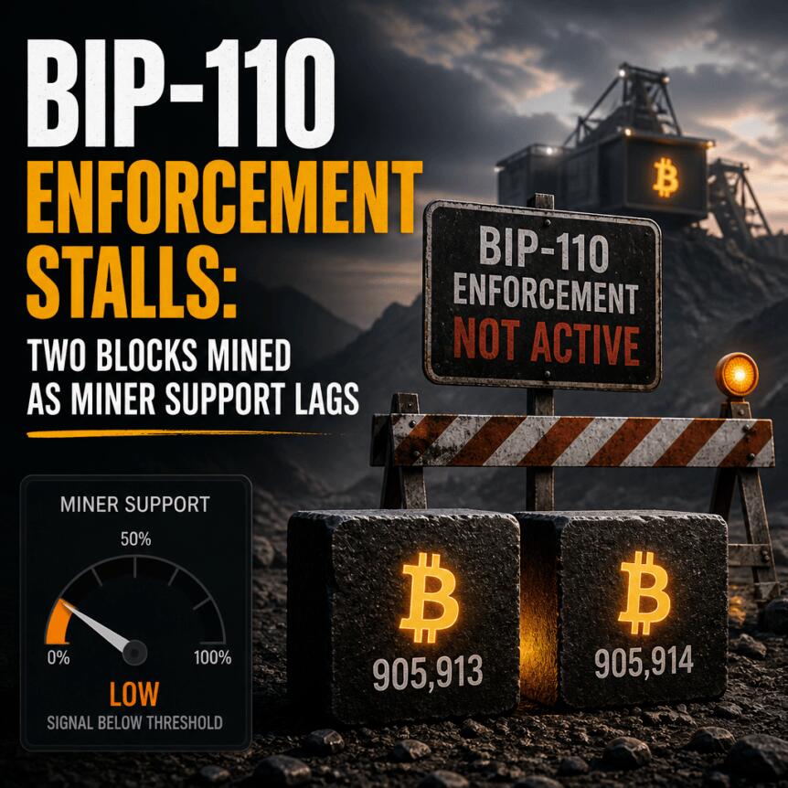 BIP-110 Enforcement Stalls: Two Blocks Mined as Miner Support Lags Bip-110 Enforcement Stalls: Two Blocks Mined As Miner Support Lags