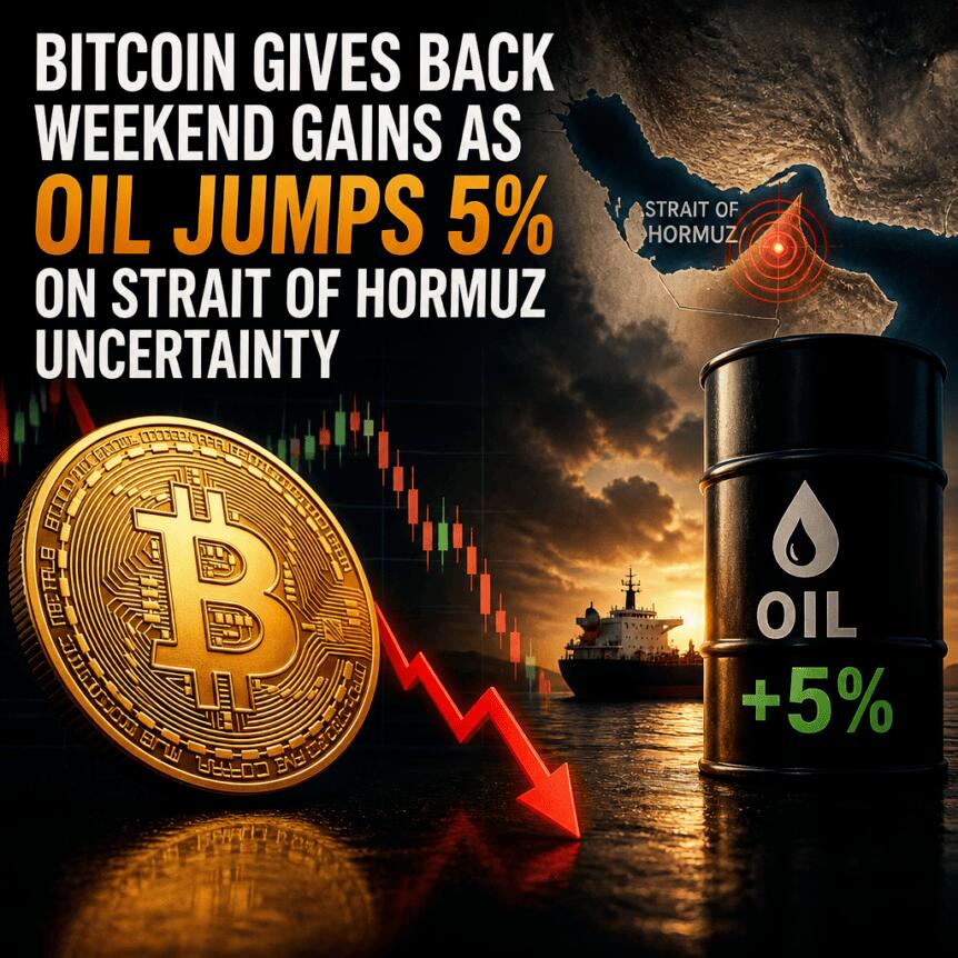 Bitcoin Gives Back Weekend Gains As Oil Jumps 5% On Strait Of Hormuz Uncertainty