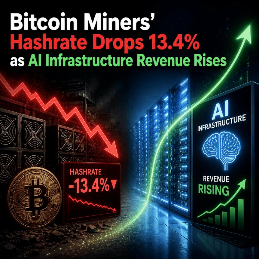 Bitcoin Miners’ Hashrate Drops 13.4% as AI Infrastructure Revenue Rises