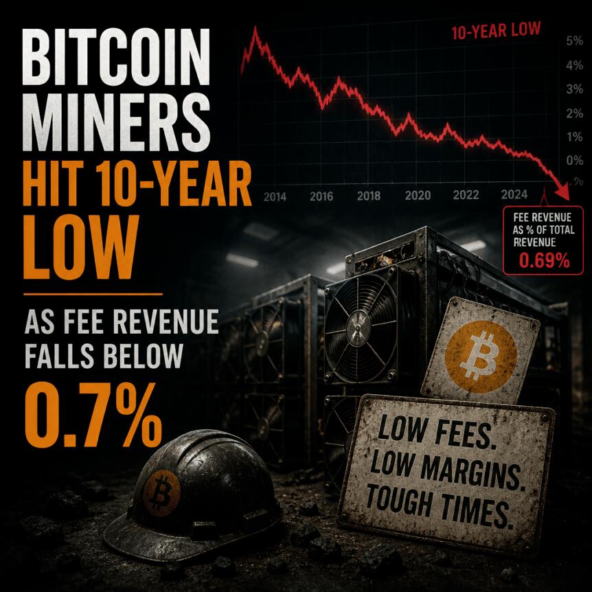 Bitcoin Miners Hit 10-Year Low As Fee Revenue Falls Below 0.7%