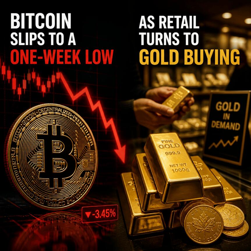 Bitcoin Slips to a One-Week Low as Retail Turns to Gold Buying Bitcoin Slips To A One-Week Low As Retail Turns To Gold Buying