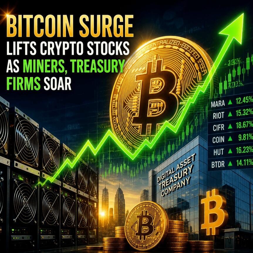 Bitcoin Surge Lifts Crypto Stocks as Miners, Treasury Firms Soar Bitcoin Surge Lifts Crypto Stocks As Miners, Treasury Firms Soar
