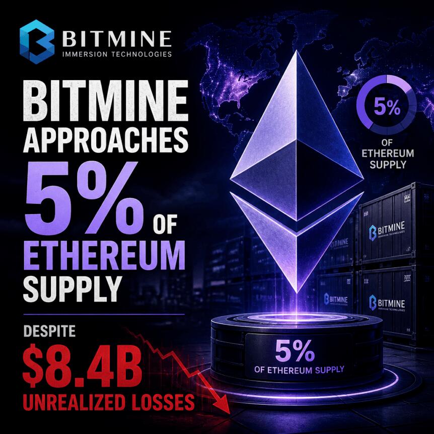 Bitmine Approaches 5% of Ethereum Supply, Despite $8.4B Unrealized Losses Bitmine Approaches 5% Of Ethereum Supply, Despite $8.4b Unrealized Losses