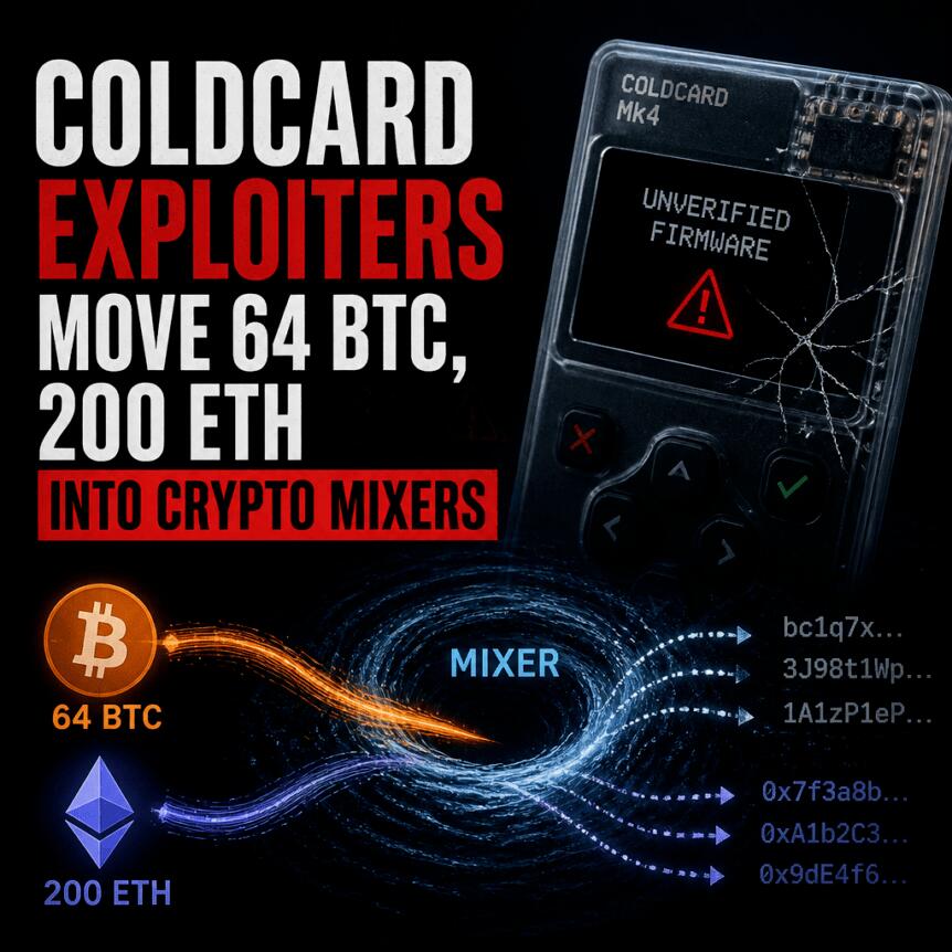 Coldcard Exploiters Move 64 Btc, 200 Eth Into Crypto Mixers