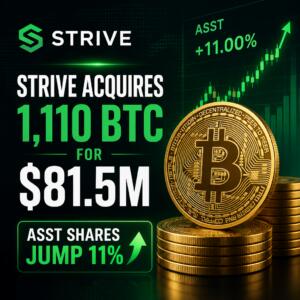 Strive Acquires 1,110 BTC for $81.5M, ASST Shares Jump 11% Strive Acquires 1,110 Btc For $81.5m, Asst Shares Jump 11%