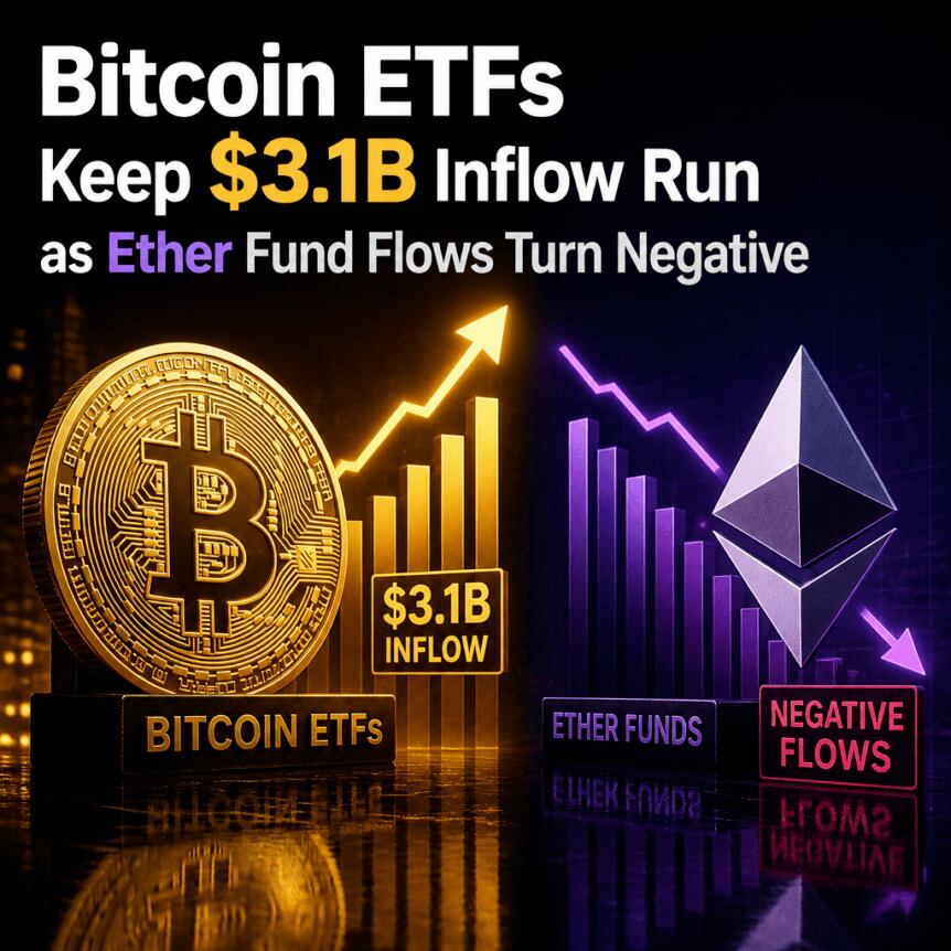 Bitcoin ETFs Keep $3.1B Inflow Run as Ether Fund Flows Turn Negative Bitcoin Etfs Keep $3.1b Inflow Run As Ether Fund Flows Turn Negative