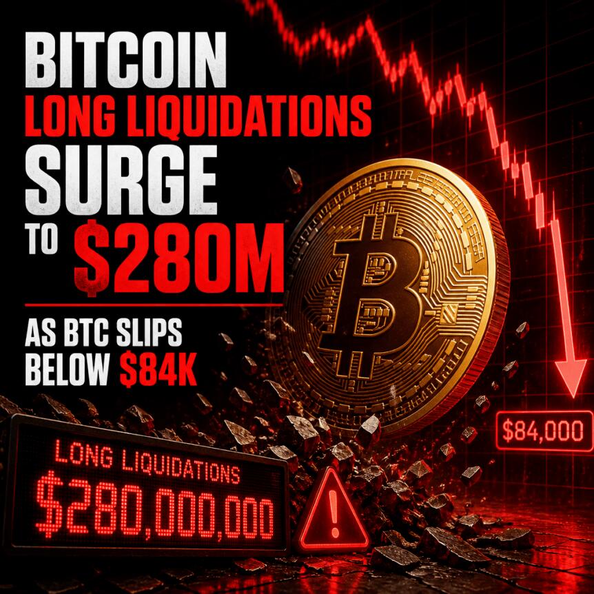 Bitcoin Long Liquidations Surge to $280M as BTC Slips Below $84K Bitcoin Long Liquidations Surge To $280m As Btc Slips Below $84k