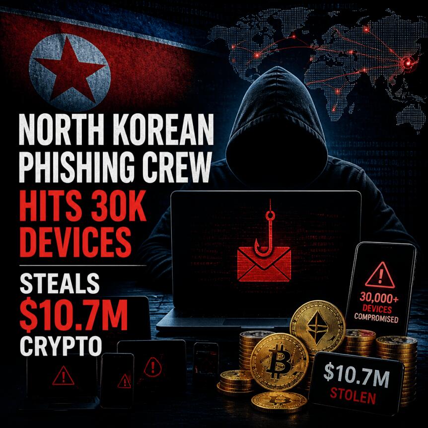 North Korean Phishing Crew Hits 30K Devices, Steals $10.7M Crypto North Korean Phishing Crew Hits 30k Devices, Steals $10.7m Crypto