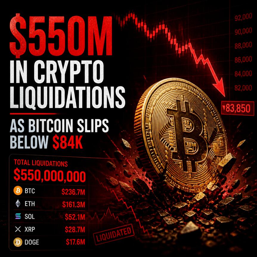 $550M in Crypto Liquidations as Bitcoin Slips Below $84K $550m In Crypto Liquidations As Bitcoin Slips Below $84k