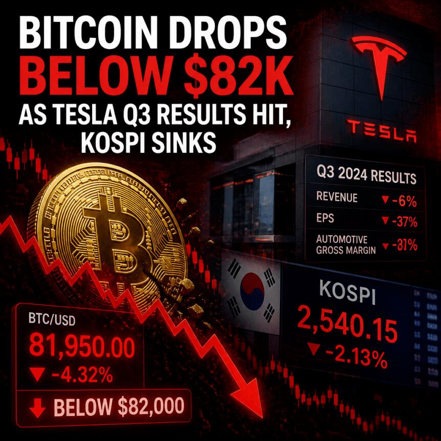 Bitcoin Drops Below $82K as Tesla Q3 Results Hit, KOSPI Sinks