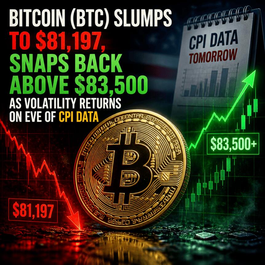 Bitcoin (BTC) Slumps To $81,197, Snaps Back Above $83,500 As Volatility Returns On Eve Of CPI Data