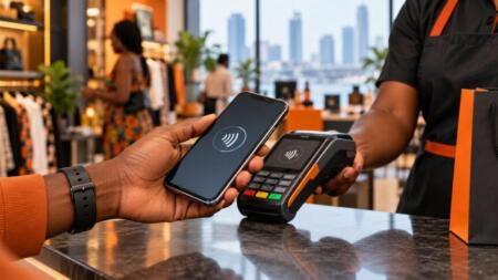 GTCO says Google Pay is live in Nigeria via GTBank and the Squad payment gateway AI-generated illustration of a smartphone making a contactless payment in a Nigerian shop.