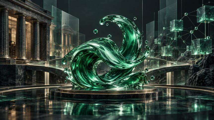 Grayscale HYPG and Payward’s Hyperliquid plans highlight two routes into HYPE Conceptual emerald liquid wave linking institutional finance and digital market infrastructure
