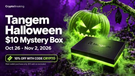 Tangem Halloween Offer: $10 Mystery Box and 10% Off With CRYPTO Tangem Halloween campaign with a green pumpkin, a mystery wallet box and code CRYPTO for 10% off the main wallet purchase.