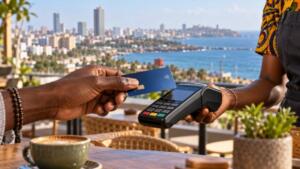 AI-generated illustration of contactless card payments with Dakar in the background.